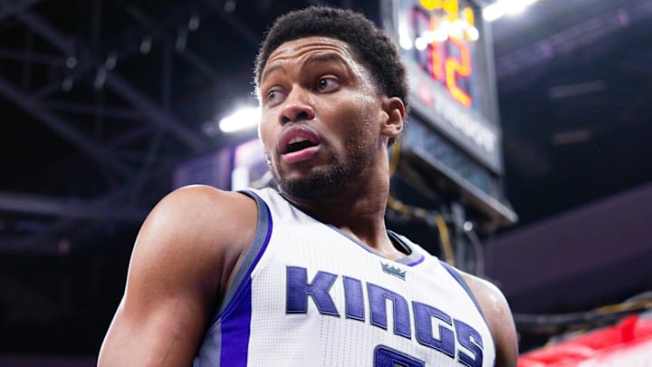 Jan 10, 2017; Sacramento, CA, USA; Sacramento Kings forward Rudy Gay (8) after a play against the Detroit Pistons during the fourth quarter at Golden 1 Center. The Sacramento Kings defeated the Detroit Pistons 100-94. Mandatory Credit: Kelley L Cox-Imagn Images Jan 10, 2017; Sacramento, CA, USA; Sacramento Kings forward Rudy Gay (8) after a play against the Detroit Pistons during the fourth quarter at Golden 1 Center. The Sacramento Kings defeated the Detroit Pistons 100-94. Mandatory Credit: Kelley L Cox-Imagn Images