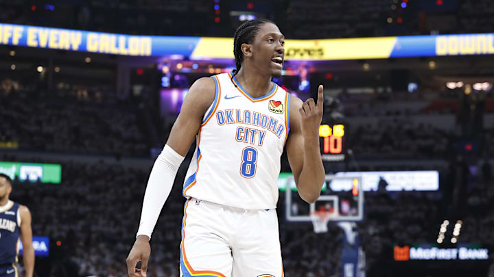 Apr 21, 2024; Oklahoma City, Oklahoma, USA; Oklahoma City Thunder forward Jalen Williams (8) Apr 21, 2024; Oklahoma City, Oklahoma, USA; Oklahoma City Thunder forward Jalen Williams (8)