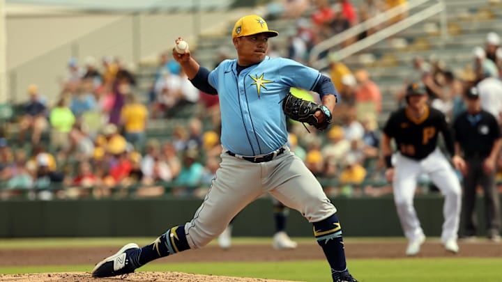 Mar 1, 2024; Bradenton, Florida, USA; Tampa Bay Rays pitcher Erasmo Ramirez (61) throws a pitch during the second inning against the Pittsburgh Pirates at LECOM Park. Mandatory Credit: Kim Klement Neitzel-Imagn Images