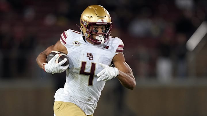 Sep 13, 2025; Stanford, California, USA; Boston College Eagles wide receiver Reed Harris (4) runs after a catch against the Stanford Cardinal during the third quarter at Stanford Stadium. Mandatory Credit: Darren Yamashita-Imagn Images