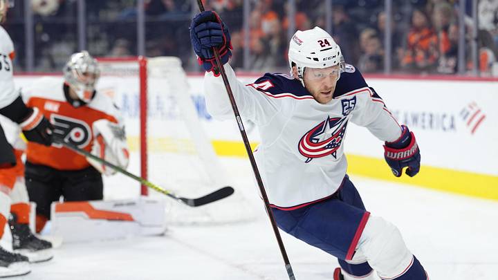 Mar 24, 2026; Philadelphia, Pennsylvania, USA; Columbus Blue Jackets right wing Mathieu Olivier (24) reacts after scoring a goal against the Philadelphia Flyers in the second period at Xfinity Mobile Arena. Mandatory Credit: Kyle Ross-Imagn Images
