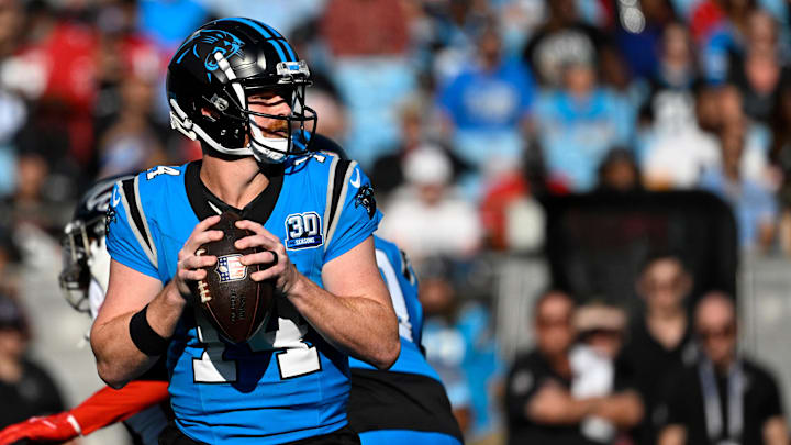 Oct 13, 2024; Charlotte, North Carolina, USA;  Carolina Panthers quarterback Andy Dalton (14) prepares to throw in the first quarter at Bank of America Stadium.