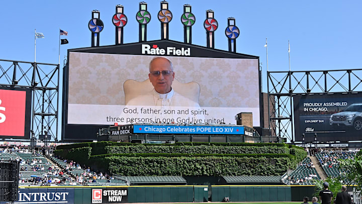 Jun 14, 2025; Chicago, Illinois, US; Pope Leo XIV delivers his video message to churchgoers prior to the Archdiocese of Chicago’s Catholic mass hosted at Rate Field