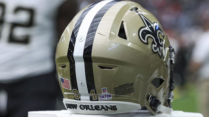 Oct 15, 2023; Houston, Texas, USA; View of a Crucial Catch logo on the helmet of New Orleans Saints defensive end Cameron Jordan (94) before the game against the Houston Texans at NRG Stadium. Mandatory Credit: Troy Taormina-Imagn Images