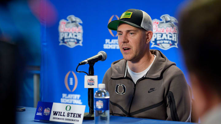 Oregon offensive coordinator Will Stein speaks during a media day as the Oregon Ducks arrive on Jan. 7, 2025, in Atlanta, Georgia ahead of the Peach Bowl at Mercedes-Benz Stadium.