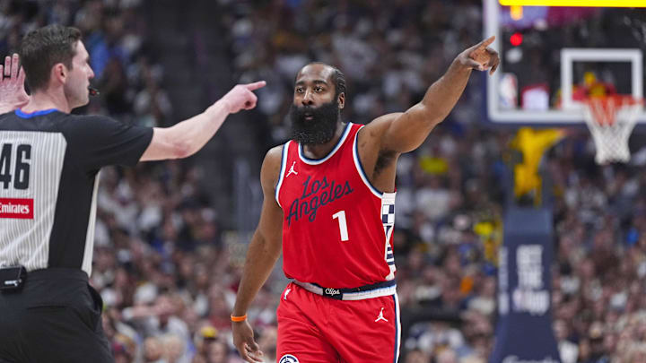 May 3, 2025; Denver, Colorado, USA; LA Clippers guard James Harden (1) in the first quarter against the Denver Nuggets during game seven of first round for the 2025 NBA Playoffs at Ball Arena. Mandatory Credit: Ron Chenoy-Imagn Images