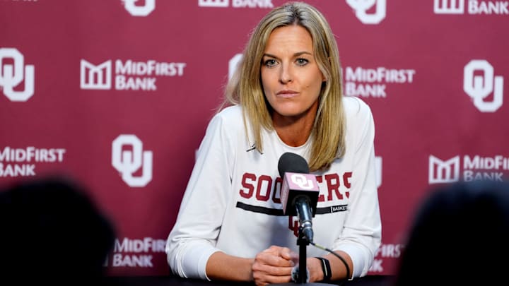 Oklahoma women's basketball coach Jennie Baranczyk speaks to the media about the Sooners on the University of Oklahoma campus in Norman, Okla., Wednesday, Oct. 22, 2025. Oklahoma women's basketball coach Jennie Baranczyk speaks to the media about the Sooners on the University of Oklahoma campus in Norman, Okla., Wednesday, Oct. 22, 2025.