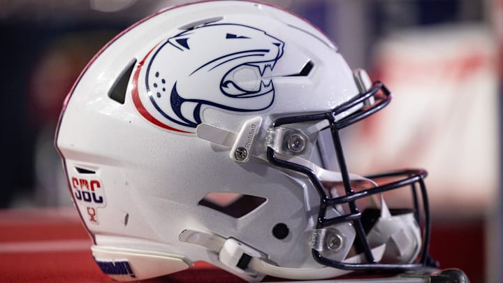 Sep 28, 2024; Baton Rouge, Louisiana, USA;  Detailed view of a South Alabama Jaguars helmet on the sidelines against the LSU Tigers during the second half at Tiger Stadium. Mandatory Credit: Stephen Lew-Imagn Images