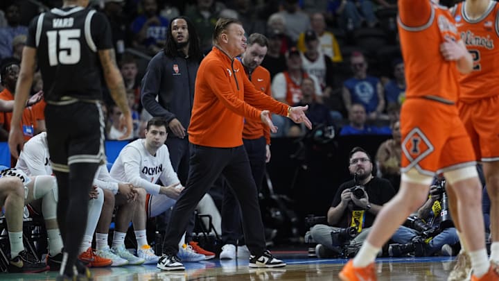 Mar 21, 2026; Greenville, SC, USA; Illinois Fighting Illini head coach Brad Underwood looks on during the second half against the VCU Rams during a second round game of the men's 2026 NCAA Tournament at Bon Secours Wellness Arena. Mandatory Credit: Jim Dedmon-Imagn Images