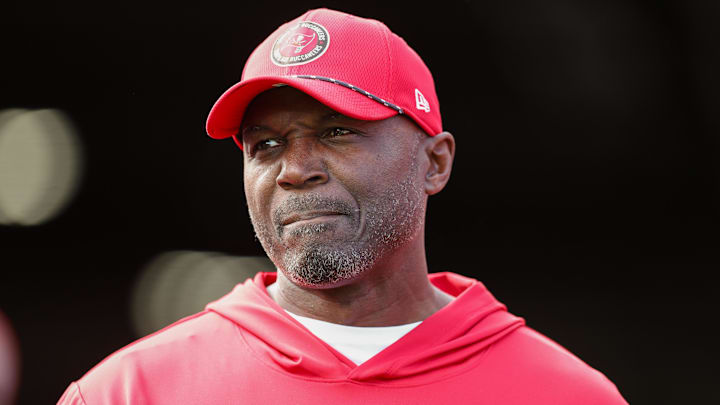 Dec 29, 2024; Tampa, Florida, USA; Tampa Bay Buccaneers head coach Todd Bowles looks on before a game against the Carolina Panthers at Raymond James Stadium. Mandatory Credit: Nathan Ray Seebeck-Imagn Images