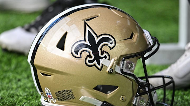 Nov 12, 2023; Minneapolis, Minnesota, USA; A New Orleans Saints helmet during the game between the Minnesota Vikings and the New Orleans Saints at U.S. Bank Stadium. Mandatory Credit: Jeffrey Becker-Imagn Images Nov 12, 2023; Minneapolis, Minnesota, USA; A New Orleans Saints helmet during the game between the Minnesota Vikings and the New Orleans Saints at U.S. Bank Stadium. Mandatory Credit: Jeffrey Becker-Imagn Images