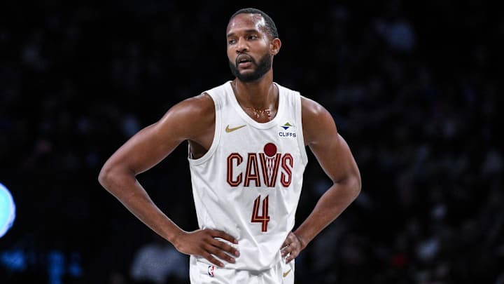 Feb 20, 2025; Brooklyn, New York, USA; Cleveland Cavaliers forward Evan Mobley (4) during the first half against the Brooklyn Nets at Barclays Center. Mandatory Credit: John Jones-Imagn Images
