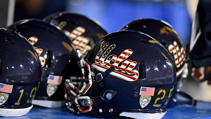 Nov 12, 2016; Pasadena, CA, USA; UCLA Bruins helmets during the first half of a NCAA football game against the Oregon State Beavers at Rose Bowl. Mandatory Credit: Kirby Lee-Imagn Images Nov 12, 2016; Pasadena, CA, USA; UCLA Bruins helmets during the first half of a NCAA football game against the Oregon State Beavers at Rose Bowl. Mandatory Credit: Kirby Lee-Imagn Images