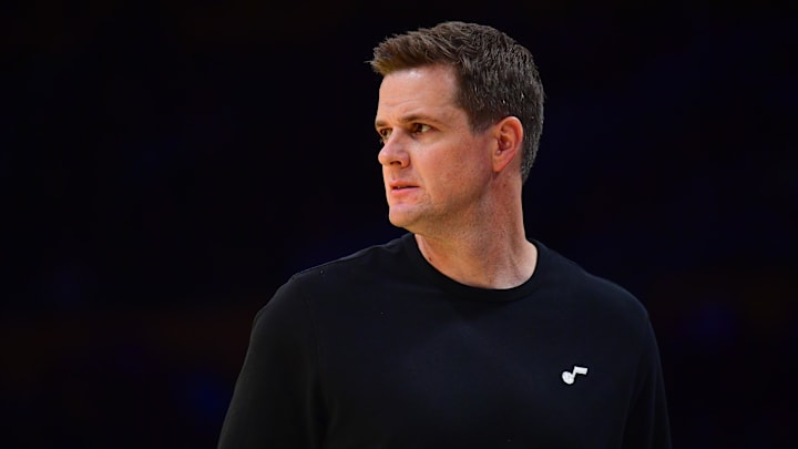 Nov 19, 2024; Los Angeles, California, USA; Utah Jazz head coach Will Hardy watches game action against the Los Angeles Lakers during the first half at Crypto.com Arena. Mandatory Credit: Gary A. Vasquez-Imagn Images Nov 19, 2024; Los Angeles, California, USA; Utah Jazz head coach Will Hardy watches game action against the Los Angeles Lakers during the first half at Crypto.com Arena. Mandatory Credit: Gary A. Vasquez-Imagn Images