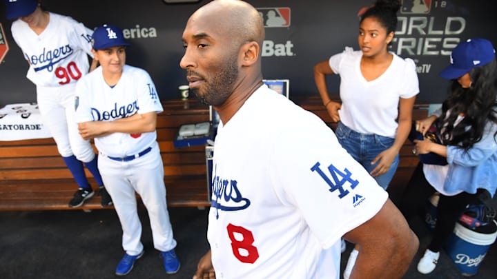 Oct 27, 2018; Los Angeles, CA, USA; Los Angeles Lakers former player Kobe Bryant in the dugout before game four of the 2018 World Series between the Los Angeles Dodgers and the Boston Red Sox. Oct 27, 2018; Los Angeles, CA, USA; Los Angeles Lakers former player Kobe Bryant in the dugout before game four of the 2018 World Series between the Los Angeles Dodgers and the Boston Red Sox.