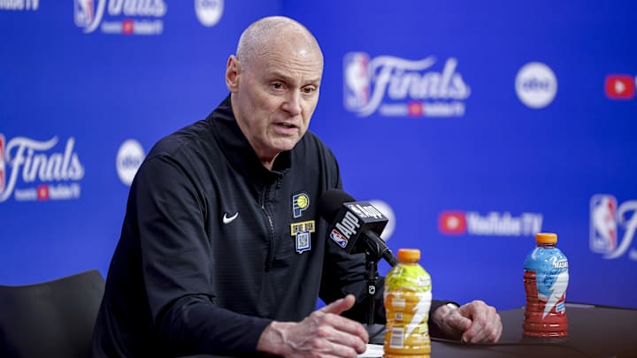 Indiana Pacers head coach Rick Carlisle speaks to the media during the NBA Finals