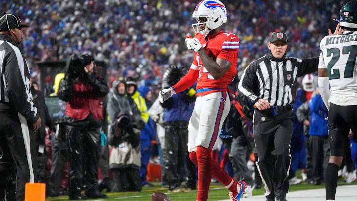 Dec 28, 2025; Orchard Park, New York, USA; Buffalo Bills wide receiver Tyrell Shavers (14) reacts after catching a thirty-two yard pass thrown by quarterback Josh Allen (not pictured) against the Philadelphia Eagles during the third quarter at Highmark Stadium. Mandatory Credit: Gregory Fisher-Imagn Images