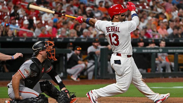 Sep 14, 2026; St. Louis, Missouri, USA; St. Louis Cardinals catcher Leo Bernal (13) hits a one run single against the San Francisco Giants during the fifth inning at Busch Stadium. Mandatory Credit: Jeff Curry-Imagn Images Sep 14, 2026; St. Louis, Missouri, USA; St. Louis Cardinals catcher Leo Bernal (13) hits a one run single against the San Francisco Giants during the fifth inning at Busch Stadium. Mandatory Credit: Jeff Curry-Imagn Images