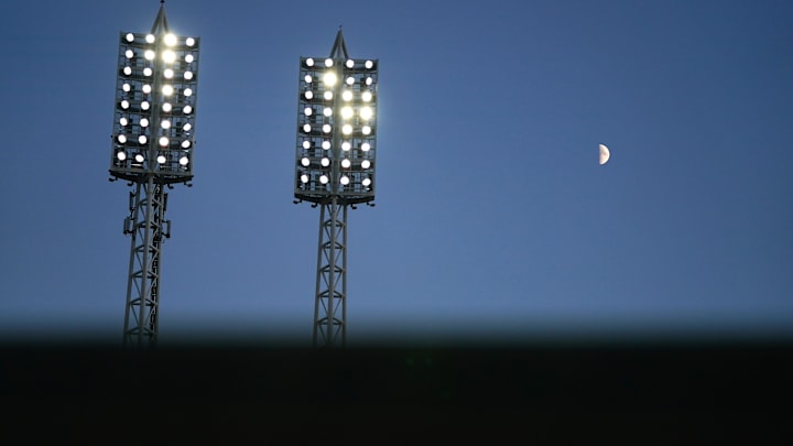 The moon is seen in the second inning of a baseball game between the Pittsburgh Pirates and the