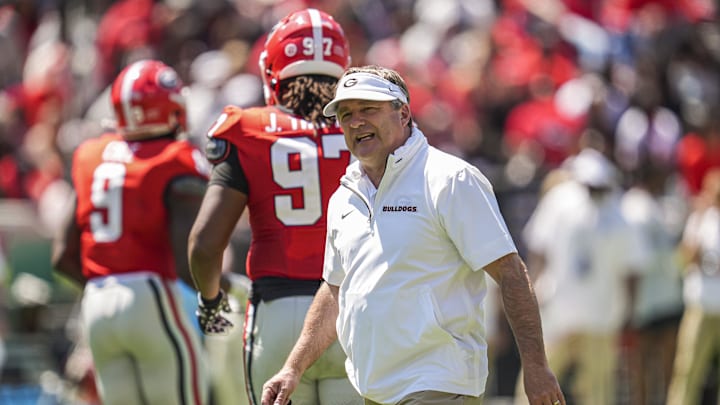 Apr 12, 2025; Athens, GA, USA; Georgia Bulldogs head coach Kirby Smart shown during the Georgia Spring game at Sanford Stadium. Mandatory Credit: Dale Zanine-Imagn Images