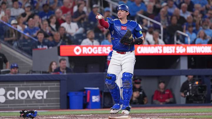 Jul 21, 2026; Toronto, Ontario, CAN; Toronto Blue Jays catcher Brandon Valenzuela (59) points to starting pitcher Kevin Gausman (34) (not pictured) against the Tampa Bay Rays during the third inning at Rogers Centre. Mandatory Credit: Nick Turchiaro-Imagn Images
