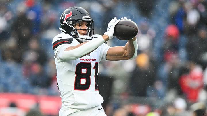 Jan 18, 2026; Foxborough, MA, USA; Houston Texans wide receiver Jayden Higgins (81) warms up before an AFC Divisional Round game against the New England Patriots at Gillette Stadium. Mandatory Credit: Brian Fluharty-Imagn Images