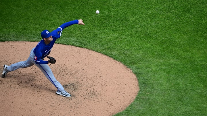 Apr 13, 2025; Cleveland, Ohio, USA; Kansas City Royals starting pitcher Cole Ragans (55) throws a pitch during the fifth inning against the Cleveland Guardians at Progressive Field. Mandatory Credit: David Dermer-Imagn Images