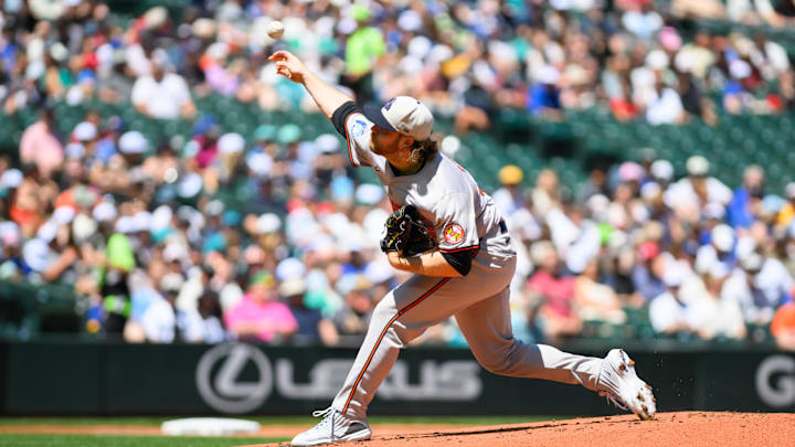 Jul 4, 2024; Seattle, Washington, USA; Baltimore Orioles starting pitcher Corbin Burnes (39) pitches to the Seattle Mariners during the first inning at T-Mobile Park.