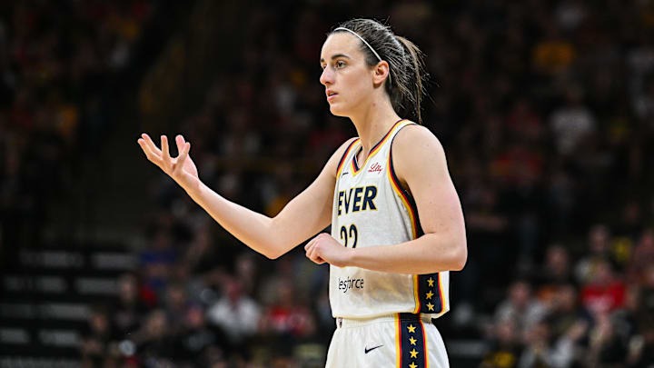 May 4, 2025; Iowa City, IA, USA; Indiana Fever guard Caitlin Clark (22) in action against the Brazil National Team at Carver-Haweye Arena. Mandatory Credit: Jeffrey Becker-Imagn Images
