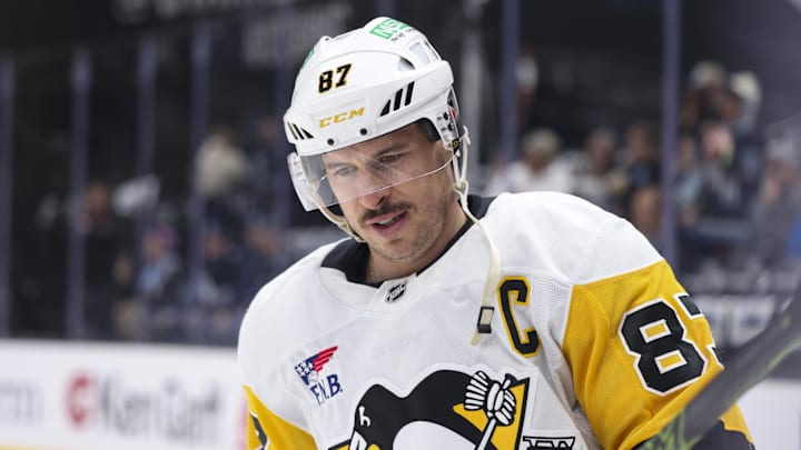 Jan 29, 2025; Salt Lake City, Utah, USA; Pittsburgh Penguins center Sidney Crosby (87) warms up before a game against the before the game against the Utah Hockey Club at Delta Center. Mandatory Credit: Rob Gray-Imagn Images