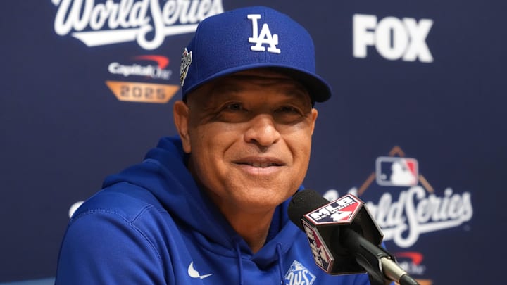 Oct 29, 2025; Los Angeles, California, USA; Los Angeles Dodgers manager Dave Roberts (30) speaks in a press conference before game five of the 2025 MLB World Series against the Toronto Blue Jays at Dodger Stadium. Mandatory Credit: Kirby Lee-Imagn Images