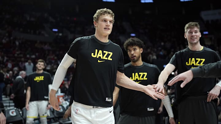 Dec 26, 2024; Portland, Oregon, USA; Utah Jazz power forward Lauri Markkanen (23) is introduced before the game against the Portland Trail Blazers at Moda Center. Mandatory Credit: Soobum Im-Imagn Images