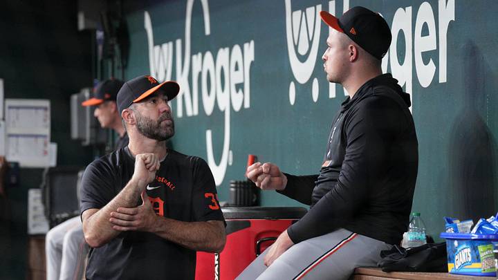 Jul 5, 2026: Detroit Tigers pitcher Justin Verlander (35) talks with pitcher Tarik Skubal (29) in the dugout  during a game against the Texas Rangers at Globe Life Field. Mandatory Credit: Raymond Carlin III-Imagn Images