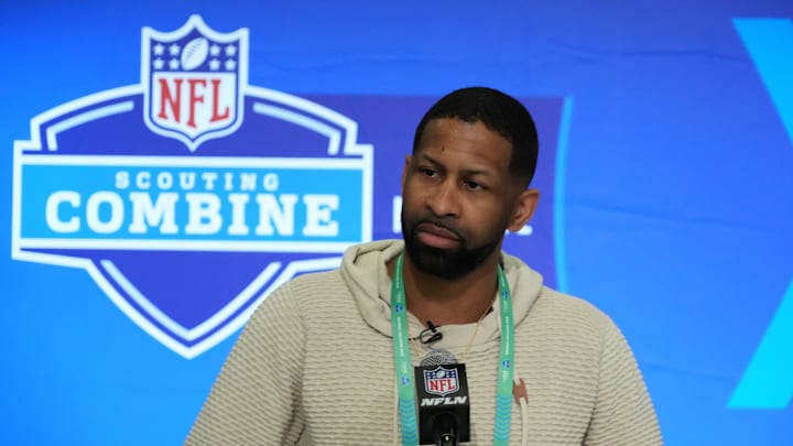 Feb 27, 2024; Indianapolis, IN, USA; Cleveland Browns general manager Andrew Berry speaks during a press conference at the NFL Scouting Combine at Indiana Convention Center. Mandatory Credit: Kirby Lee-Imagn Images
