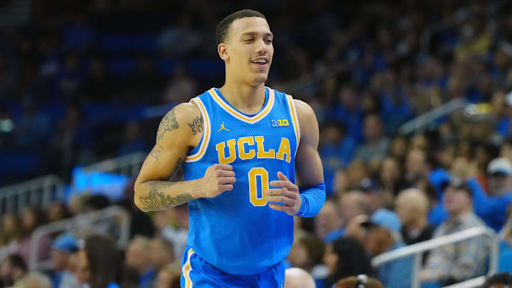 Mar 8, 2025; Los Angeles, California, USA; UCLA Bruins guard Kobe Johnson (0) reacts in the second half against the Southern California Trojans at Pauley Pavilion presented by Wescom. Mandatory Credit: Kirby Lee-Imagn Images