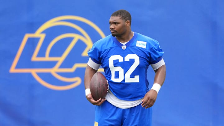Jun 3, 2025; Woodland Hills, CA, USA; Los Angeles Rams lineman Willie Lampkin (62) during organized team activities at Rams Practice Facility. Jun 3, 2025; Woodland Hills, CA, USA; Los Angeles Rams lineman Willie Lampkin (62) during organized team activities at Rams Practice Facility.