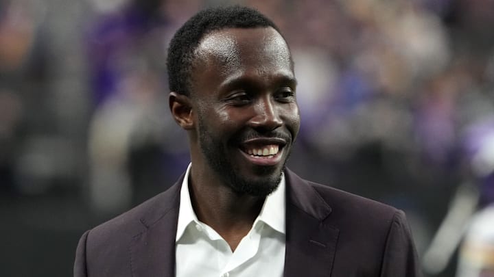 Dec 10, 2023; Paradise, Nevada, USA; Minnesota Vikings general manager Kwesi Adofo-Mensah reacts during the game against the Minnesota Vikings at Allegiant Stadium. Dec 10, 2023; Paradise, Nevada, USA; Minnesota Vikings general manager Kwesi Adofo-Mensah reacts during the game against the Minnesota Vikings at Allegiant Stadium.