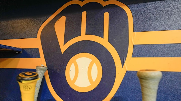 Apr 18, 2025; Milwaukee, Wisconsin, USA;  General view of the Milwaukee Brewers logo in the dugout during batting practice prior to the game against the Athletics at American Family Field. Mandatory Credit: Jeff Hanisch-Imagn Images