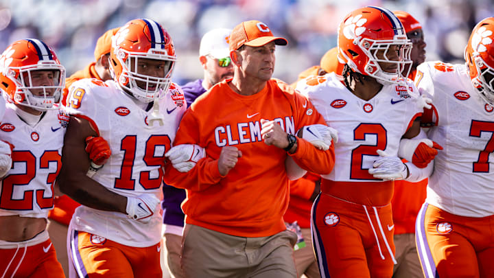 Head coach Dabo Swinney of the Clemson Tigers looks on before the start of the TaxSlayer Gator Bowl against the Kentucky Wildcats at EverBank Stadium on December 29, 2023 in Jacksonville, Florida.