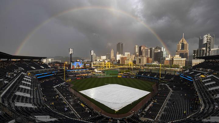Jul 1, 2023; Pittsburgh, Pennsylvania, USA; A rainbow forms over the City of Pittsburgh during a rain delay in the ninth inning between the Pittsburgh Pirates and the Milwaukee Brewers at PNC Park. Mandatory Credit: Scott Galvin-Imagn Images