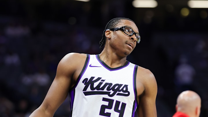 Oct 13, 2024; Sacramento, California, USA; Sacramento Kings forward Isaiah Crawford (24) reacts after a call during the fourth quarter against the Portland Trail Blazers at Golden 1 Center. Mandatory Credit: Sergio Estrada-Imagn Images