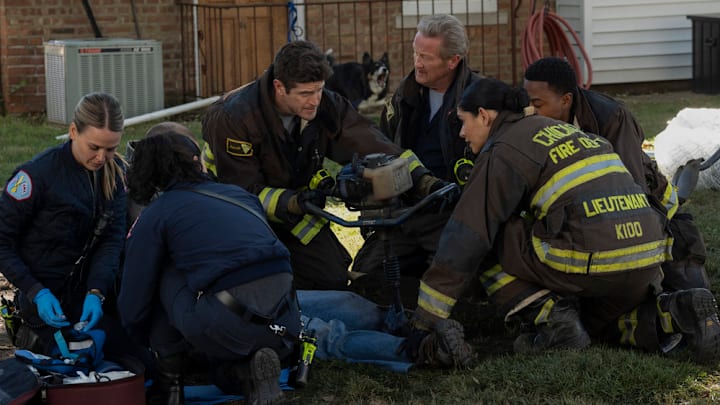 CHICAGO FIRE -- "Quicksand" Episode 13008 -- Pictured: (l-r) Jocelyn Hudon as Lyla Novak, Jake Lockett as Sam Carver, Christian Stolte as Randy "Mouch" McHolland, Miranda Rae Mayo as Stella Kidd, Daniel Kyri as Darren Ritter