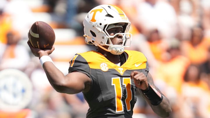 Tennessee quarterback Faizon Brandon (11) throws a pass during the Orange and White game at Neyland Stadium in Knoxville, Tennessee, April 11, 2026.