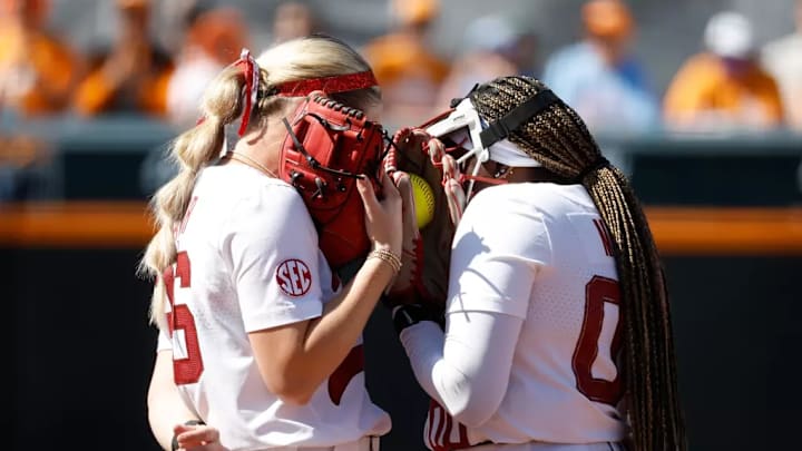Alabama Softball Player Ambrey Taylor (36) and Alabama Softball Player Vic Moten (00) in action against Tennessee at Sherri Parker Lee Stadium in Knoxville, TN on Sunday, Apr 26, 2026.