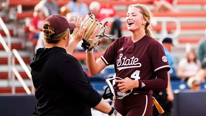 Mississippi State Pitcher Alyssa Faircloth (#4) during the game between the South Alabama Jaguars and the Mississippi State Bulldogs at Jaguar Field in Mobile, AL. Mississippi State Pitcher Alyssa Faircloth (#4) during the game between the South Alabama Jaguars and the Mississippi State Bulldogs at Jaguar Field in Mobile, AL.