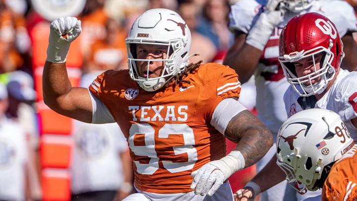Texas defensive tackle Hero Kanu celebrates after making a tackle during the first half of an NCAA college football game against Oklahoma at the Cotton Bowl, Saturday, Oct. 11, 2025, in Dallas. Texas won 23-6. Texas defensive tackle Hero Kanu celebrates after making a tackle during the first half of an NCAA college football game against Oklahoma at the Cotton Bowl, Saturday, Oct. 11, 2025, in Dallas. Texas won 23-6.