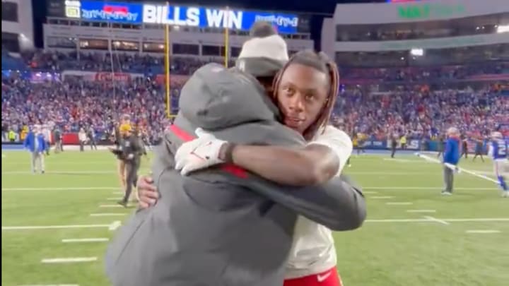 Xavier Worthy, Keon Coleman share a hug after the Buffalo Bills win over the Kansas City Chiefs.