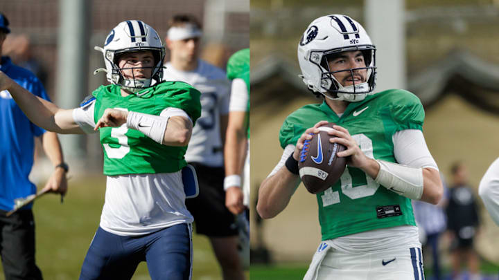 BYU quarterbacks McCae Hillstead (left) and Treyson Bourguet (right) at BYU Spring camp BYU quarterbacks McCae Hillstead (left) and Treyson Bourguet (right) at BYU Spring camp