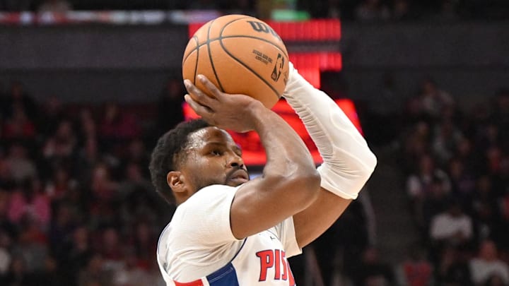 Apr 4, 2025; Toronto, Ontario, CAN;  Detroit Pistons guard Malik Beasley (5) shoots the ball against the Toronto Raptors in the first half at Scotiabank Arena. Mandatory Credit: Dan Hamilton-Imagn Images