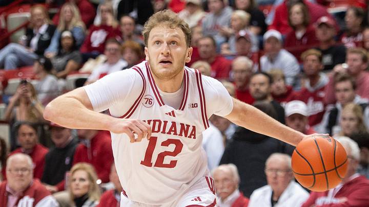 Indiana's Tucker DeVries (12) during the Indiana versus Northwestern men's basketball game at Simon Skjodt Assembly Hall on Tuesday, Feb. 24, 2026. Indiana's Tucker DeVries (12) during the Indiana versus Northwestern men's basketball game at Simon Skjodt Assembly Hall on Tuesday, Feb. 24, 2026.